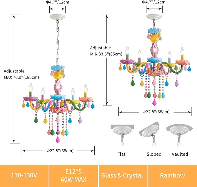 5-Lights Children Chandeliers, Modern Candy Design, Colorful Crystal Chandeliers for Bedroom, Dining Room, D22.8'' × H33.5'', Adjustable Height (33.5"~70.9"), Youth Color & Chrome Finish Frame