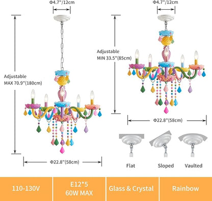 5-Lights Children Chandeliers, Modern Candy Design, Colorful Crystal Chandeliers for Bedroom, Dining Room, D22.8'' × H33.5'', Adjustable Height (33.5"~70.9"), Youth Color & Chrome Finish Frame