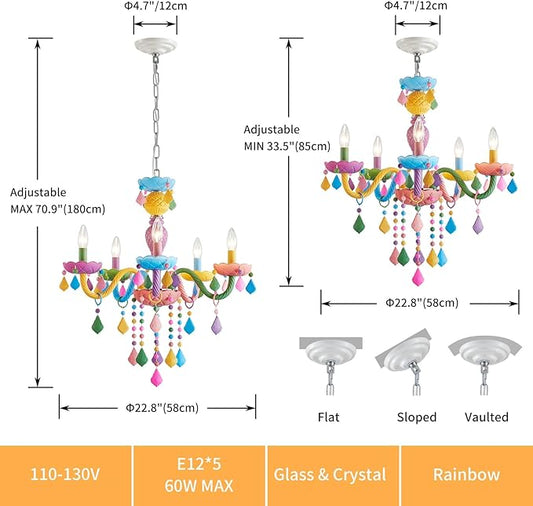 5-Lights Children Chandeliers, Modern Candy Design, Colorful Crystal Chandeliers for Bedroom, Dining Room, D22.8'' × H33.5'', Adjustable Height (33.5"~70.9"), Youth Color & Chrome Finish Frame