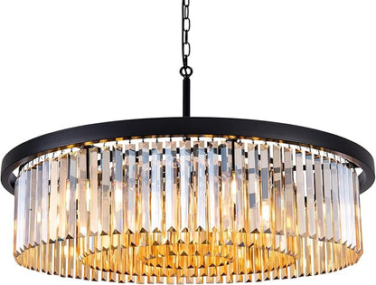 Wellmet Crystal Chandeliers for Dining Room,3 Tiers Black Farmhouse Chandelier for Bedrooms,9 Lights Modern Light Fixture for Kitchen Island,Living Room,Hallway,Golden Teak,W-33.46”