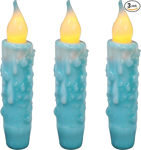 CVHOMEDECO. Real Wax Hand Dipped Battery Operated LED Timer Taper Candles Rustic Primitive Flameless Lights Decor, 4-3/4 Inch, Teal, 3 PCS in a Package