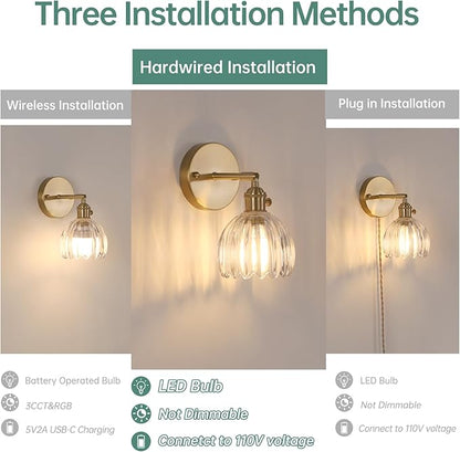 Shenmoyl Vintage Wall Sconces with Transparent Tulip Glass Lampshade 180 Degree Adjustable Brass Sconces Hradwired Modern Wall Lighting Fixture with Switch for Bedside Bedroom Doorway