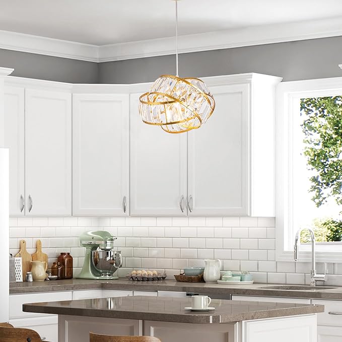 Modern Crystal Chandelier Light Fixure Mid Century Modern Geometric Golden Retro Ring Chandelier Modern Small Crystal Gold Chandeliers for Dining Room, Kitchen Island, Bedroom, Hallyway