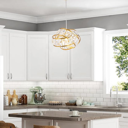 Modern Crystal Chandelier Light Fixure Mid Century Modern Geometric Golden Retro Ring Chandelier Modern Small Crystal Gold Chandeliers for Dining Room, Kitchen Island, Bedroom, Hallyway