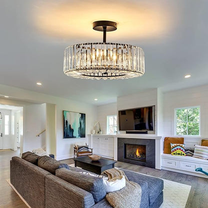 Piepooye 4 Lights Modern Crystal Chandelier Black Round Semi Flush Mount Ceiling Light Fixture Farmhouse Chandelier for Dinning Room Living Room Bedroom Hallway Entryway Kitchen