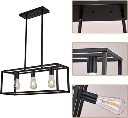 3 Lights Black Dining Room Chandelier Hanging Light Fixture Modern Kitchen Island Linear Lighting Farmhouse Chandelier for Bar Restaurant