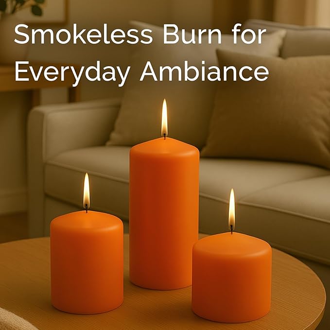 Stonebriar Unscented Pillar Candles – 65 Hour Burn Time, Long-Lasting Wax Candles for Weddings, Holidays, Home Décor & Special Events, Pack of 6, Orange, 3" x 6"