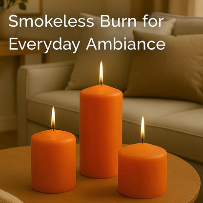 Stonebriar Unscented Pillar Candles – 65 Hour Burn Time, Long-Lasting Wax Candles for Weddings, Holidays, Home Décor & Special Events, Pack of 6, Orange, 3" x 6"