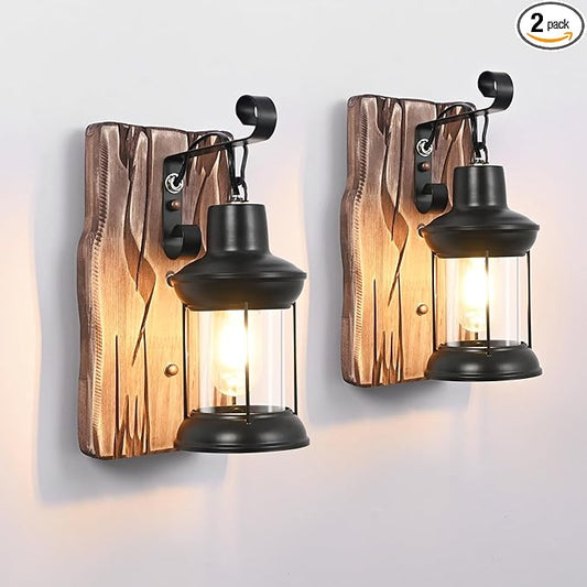 Rustic Wall Light Fixtures Vintage Wall Sconces Sets of 2 Farmhouse Antique Wooden Lamp with Clear Glass Indoor Lighting Black Bedside Sconces Lighting for Bar Cafe Barn Stairs