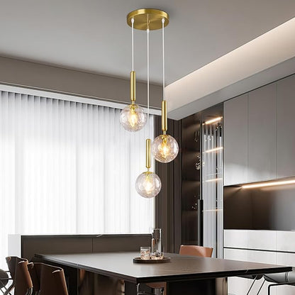 Mid Century Globe Pendant Light with Clear Glass for Kitchen Island Modern Gold Finish Hanging Light Fixture Retro Round Pendant Lighting for Living Room Bedroom Entryway(3 Lights)