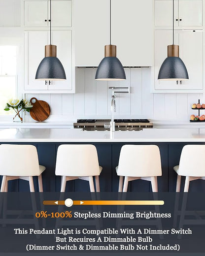 ELYONA Hammered Pendant Lights for Kitchen Island, 7” Small Solid Wood Hanging Light Fixtures, Adjustable Height Industrial Metal Pendant Light Fixtures for Bar Dining Room Bedroom Office, Modern Blue