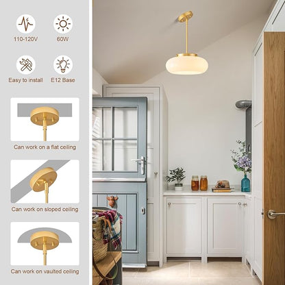 WOKNOS Mid-Century Modern Gold Semi Flush Mount Ceiling Light, 3-Light Kitchen Light Fixtures with Glass Shade for Entryway Hallway Bathroom Bedroom (12.6 Inch)