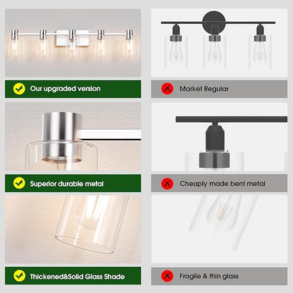 5-Light Modern Vanity Light Fixtures Over Mirror, Brushed Nickel Bathroom Light Fixtures, Vanity Lights, Wall Sconce with Clear Glass Shade for Bathroom, E26 Base
