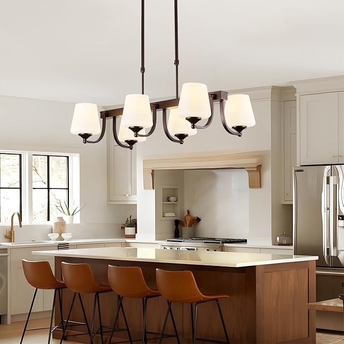Dining Room Light Fixture Chandelier Over Table,6 Light Kitchen Island Lighting Hanging for Farmhouse Linear Chandeliers Oil Rubbed Bronze Rustic Ceiling Pendant Light with Frosted Glass Shade