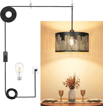 Qingmiao Plug in Pendant Light, Hanging Lamp Plug in with LED Bulb, 3-Way Dimmable Hanging Light Fixture for Living Room Bedroom Kitchen Ceiling Farmhouse Home Decor