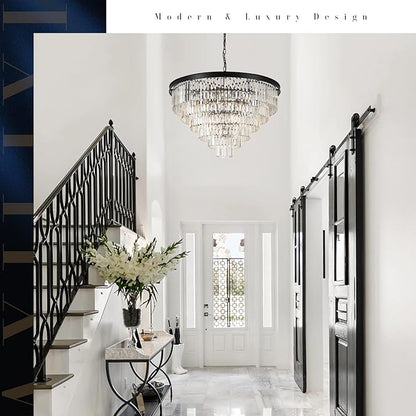 A AXILIXI 35'' Large Crystal Chandeliers 6-Tier Modern Black K9 Crystal Ceiling Pendant Light 22-Light Luxury Round Crystal Chandelier for High Ceiling Entryway Staircase Living Room Foyer