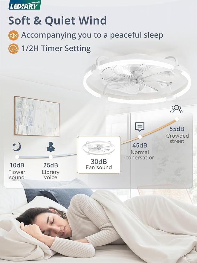 LEDIARY 2 Pack Ceiling Fans with Lights and Remote, 24'' Low Profile Ceiling Fan with Light, 3000-6000K Dimmable Fandelier LED Fan Light, 6 Wind Speeds, White Flush Mount Ceiling Fan for Bedroom