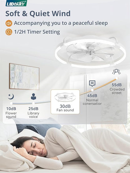 LEDIARY 2 Pack Ceiling Fans with Lights and Remote, 24'' Low Profile Ceiling Fan with Light, 3000-6000K Dimmable Fandelier LED Fan Light, 6 Wind Speeds, White Flush Mount Ceiling Fan for Bedroom