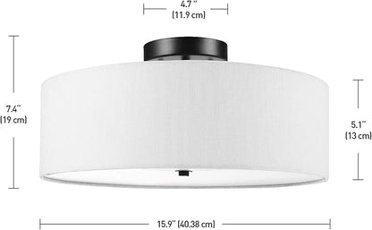 Globe Electric 60315 2-Light Flush Mount Ceiling Light, Dark Bronze Finish, White Linen Shade, Low Profile Drum Design, E26 Base, Dimmable