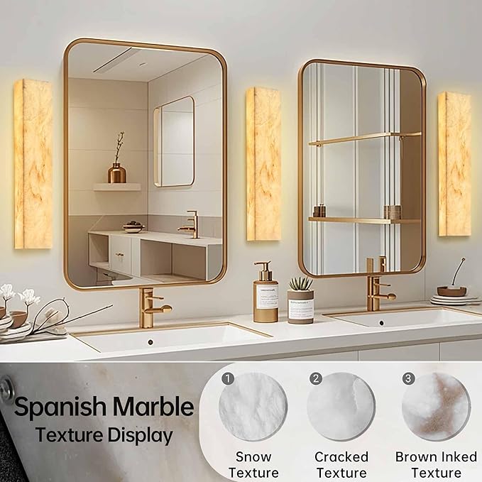 Alabaster Wall Sconces Natural Marble Bathroom Vanity Wall Light Fixture 21.7" Long Marble Wall Sconce Square Alabaster Stone Wall Mount Light Warm Light for Living Room Bedroom Hallway Stairs