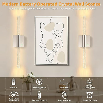 Battery Operated Wireless Wall Sconces Set of Two, Rechargeable Nickel Wall Lighting with No Wiring, Extra Large Dimmable Modern LED Lantern for Indoor Corridor, Entrance Hall (28"-2 Pack)