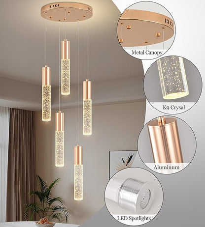 Modern Crystal Chandelier for Kitchen Island 5-Lights, Elegant Gold LED Bubble Pendant Lighting Fixture for Dining Room Bedroom Entryway