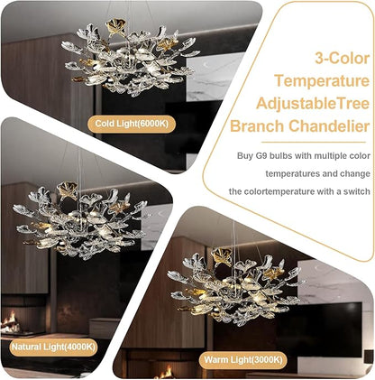 AioTio Black Modern Chandeliers for Dining Room, D31.5''Tree Branch Round Glass Ginkgo Leaf Farmhouse Chandelier,Large Ceiling Hanging Vintage Chandelier for Living Room,Entryway,Kitchen Island,Foyer