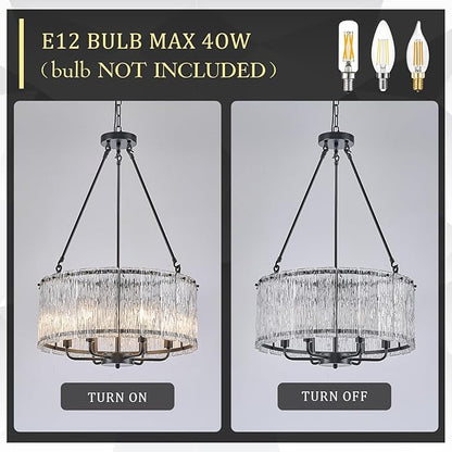 CATINER Black Drum Chandelier 6-Light Modern Crystal Glass Chandeliers 20" Luxury Ceiling Pendant Light Fixture for Entryway Foyer Dining Room Bedroom Kitchen