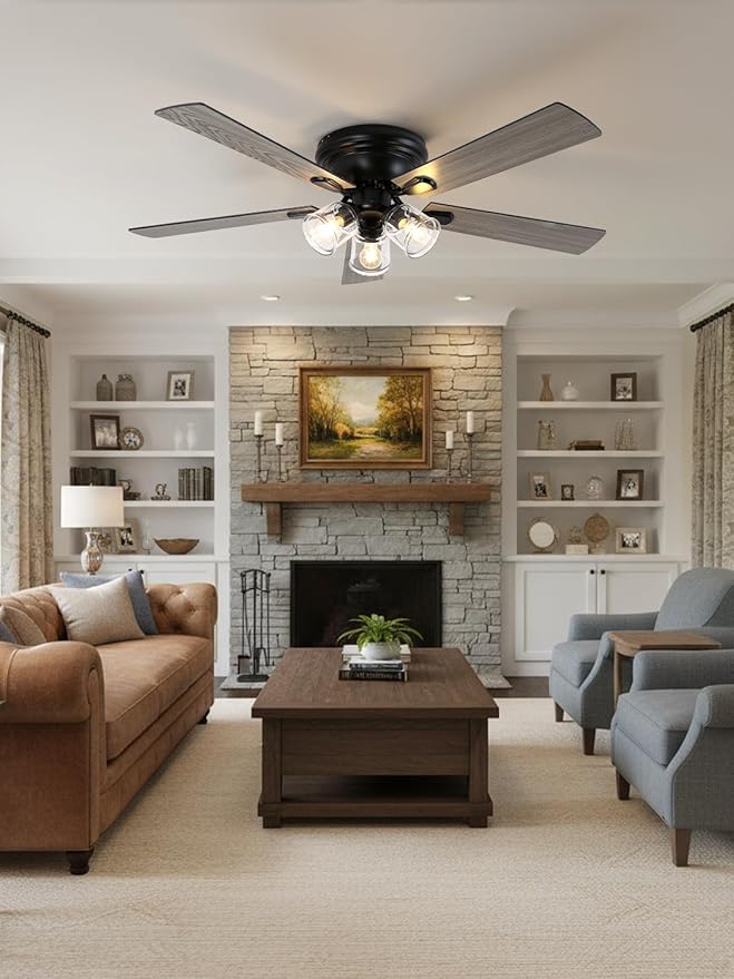 52 Inch Flush Mount Vintage Ceiling Fan with Lights and Remote, Farmhouse Rustic Ceiling Fan Antique Fandelier Chandelier for Bedroom Living Room Low Profile, 3 E26 Bulbs (Not Included)