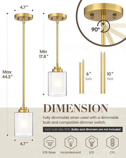 TENGXIN Modern Pendant Light,Brushed Gold Modern Pendant Light for Kitchen Island,Hanging Ceiling Light Fixture,Farmhouse Pendant Lighting for Dining Room Bedroom Bar Office 2Pack,TXPLBG02-2PK