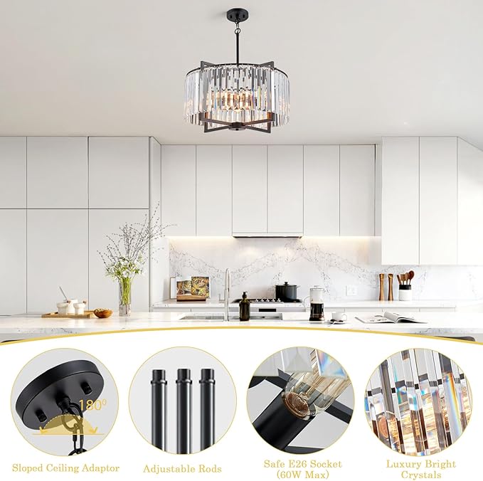 Black Crystal Chandelier Modern Drum Pendant Lighting Fixture for Dining Room, 20" Farmhouse Round 5-Light for Living Room Kitchen Island Bedroom Black