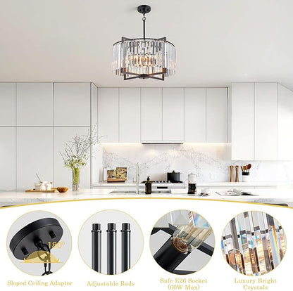 Black Crystal Chandelier Modern Drum Pendant Lighting Fixture for Dining Room, 20" Farmhouse Round 5-Light for Living Room Kitchen Island Bedroom Black