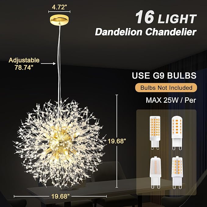 Modern Dandelion Firework Chandelier, Gold Dining Room Chandelier, Crystal Hanging Pendant Lighting Fixture for Living Room, Bathroom, Bedroom, Restaurant, 16-Light