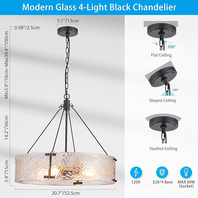 XINGQI 20.7" Black Glass Chandeliers Modern 4-Light Farmhouse Pendant Lighting Fixtures Elegant Round Chandeliers for Dining Room Kitchen Island Living Room Entryway