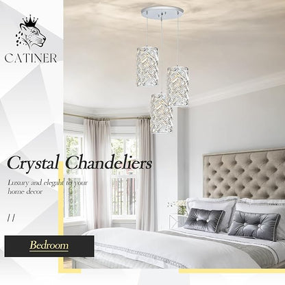CATINER 3-Light Modern Crystal Pendant Light, Chrome Mini Chandelier – Adjustable Cluster Pendant Lighting Fixture for Kitchen Island, Dining Room, Bedroom, Hallway, Porch