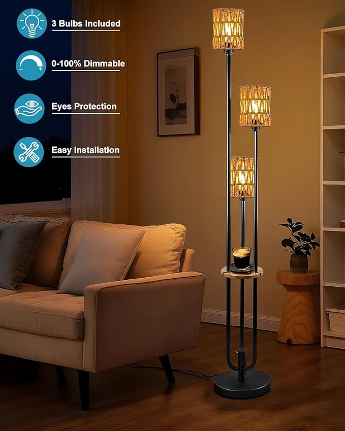 63IN Dimmable Floor Lamp with Shelf, Black Rattan Tall Standing Lamps Candle Holder Style, 3000K Warmwhite Mid Century Modern Floor Lamp with 5Lbs Heavy Base for Living Room (Bulbs Included)
