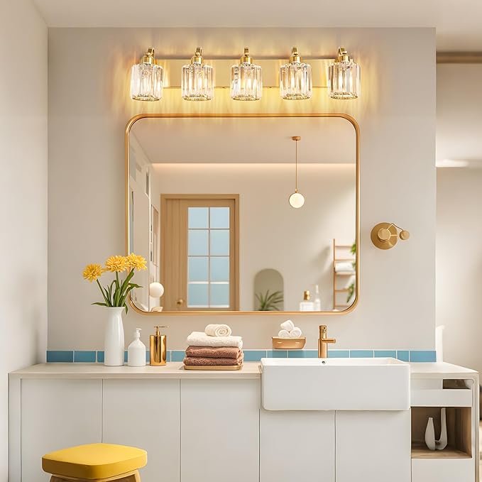 Modern Crystal Bathroom Vanity Light 5 Lights Crooked Gold Over Mirror Wall Lighting Fixture with Round Shade (Exclude Bulb)