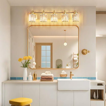 Modern Crystal Bathroom Vanity Light 5 Lights Crooked Gold Over Mirror Wall Lighting Fixture with Round Shade (Exclude Bulb)