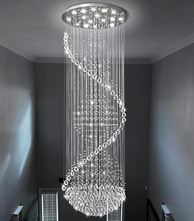 D40'' x H120'' Crystal Chandelier High Ceiling Chandeliers for Staircaes Large Raindrop Chandeliers LED Dimmable Flush Mount Light Fixtures for Foyer Hallway Entryway LED Bulbs Included Silver