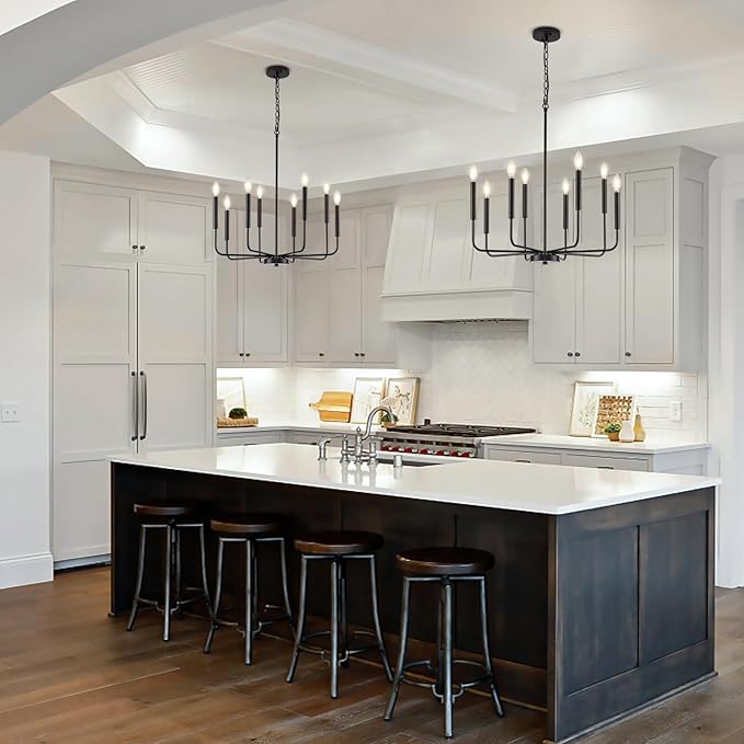 Modern Black Chandelier for Dining Room, 8-Light Metal Farmhouse Dining Room Light Fixtures Hanging Candle Chandelier Lighting for Kitchen, Living Room, Foyer, Entryway, Bedroom