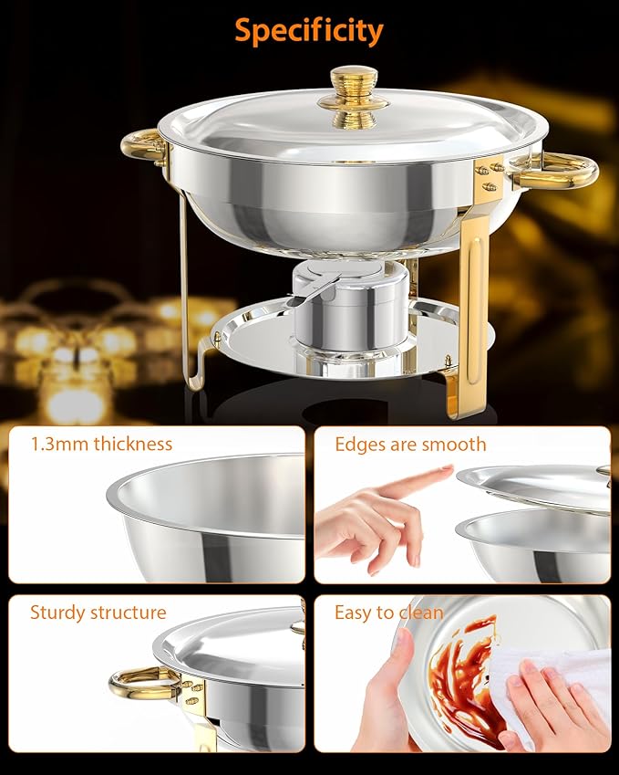 5QT 6 Packs Chafing Dish Buffet Set, NSF Round Stainless Steel Chafers and Warmers Food Servers Sets with Lid & Lid Holder, Spoon & Tweezer for Catering Events Parties Weddings Dinners,Gold