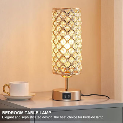 Crystal Table Lamp, Gold Lamp for Bedroom with USB-C USB-A Charging Ports, 3 Way Dimmable Light with Crystal Lampshade, Bedside Lamp Small Touch Light for Girl Room in Gold