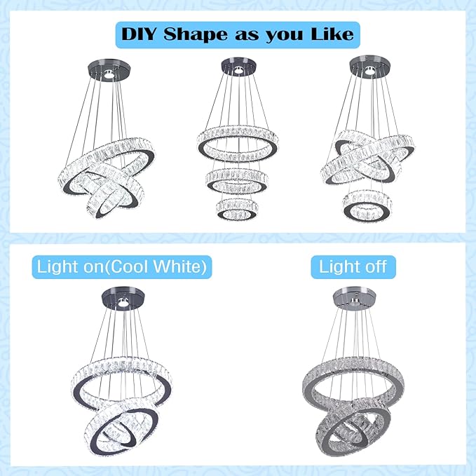 Finktonglan 3-Ring Crystal LED Chandelier, Cool White 6500K, 52W Integrated, Adjustable Height & Shapes, K9 Crystal & Stainless Steel Pendant Light for Dining Living Room Foyer, Non-Dimmable