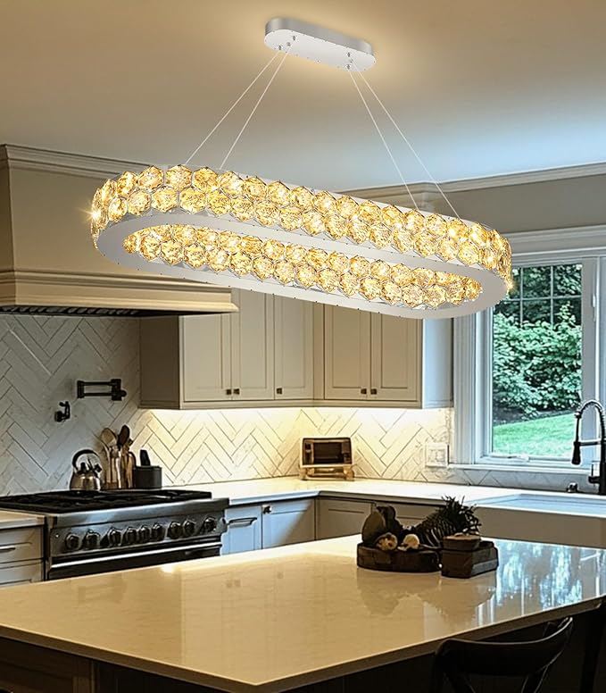 32'' Modern Oval Chandelier Crystal Chandeliers for Dining Room Round Ceiling Light Fixture for Living Room Lighting LED Dimmable with Remote Ring Lights Silver