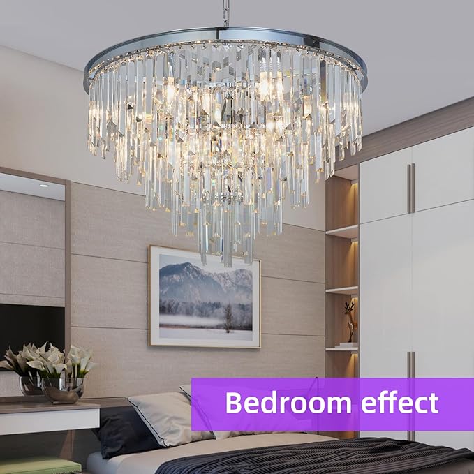 31'' Chrome Top K9 Crystal Chandelier Modern Lighting Fixture, 16 Lights Round K9 Crystal Adjustable Hanging Lamp for Dining Room Bedroom Living Room,Hallway,Bar,Kitchen