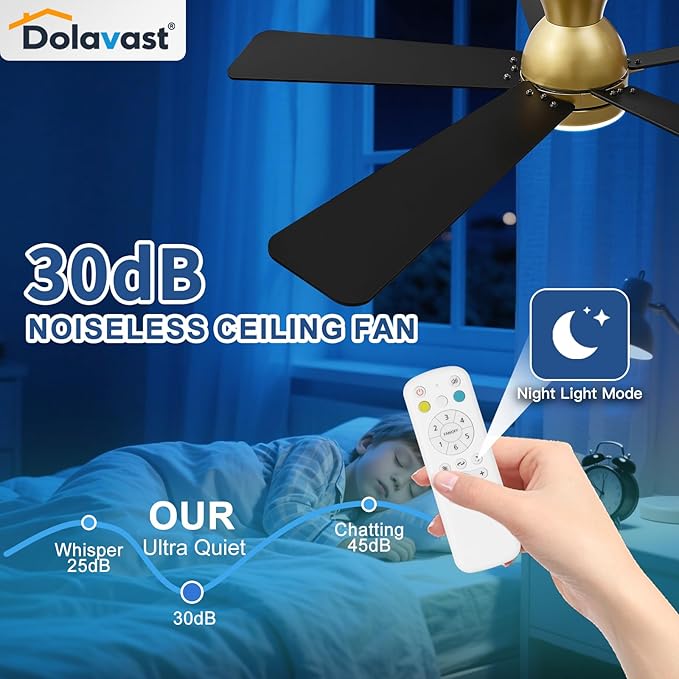 Ceiling Fans with Lights and Remote, 48 Inch Ceiling Fan with Light, Low Profile, Reversible, Dimmable LED, Flush Mount, Quiet, DC Motor, Gold Ceiling Fan for Bedroom, Kitchen, Dining Room
