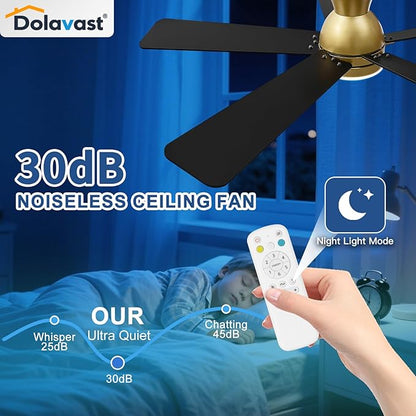 Ceiling Fans with Lights and Remote, 48 Inch Ceiling Fan with Light, Low Profile, Reversible, Dimmable LED, Flush Mount, Quiet, DC Motor, Gold Ceiling Fan for Bedroom, Kitchen, Dining Room