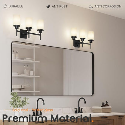 Bathrom Light Fixtures Matte Black 3 Lights Over Mirror, Wall Sconces Lighting with White Frosted Glass Shade for Toilet Washroom Bath T001MB-L3