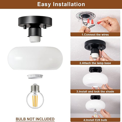 WOKNOS Mid-Century Modern Semi Flush Mount Ceiling Light, Metal Kitchen Light Fixture with Glass Shade, Mini White and Black Colse to Ceiling Lamp for Entryway Hallway Bathroom (8.66 Inch)