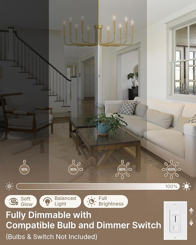 Yunnix 10 Light Gold Chandelier, 33" Extra Large Modern Gold Farmhouse Hanging Fixture - Vintage Brushed Gold Dining Room Light for Kitchen Island, Living Room, Hall, Foyer